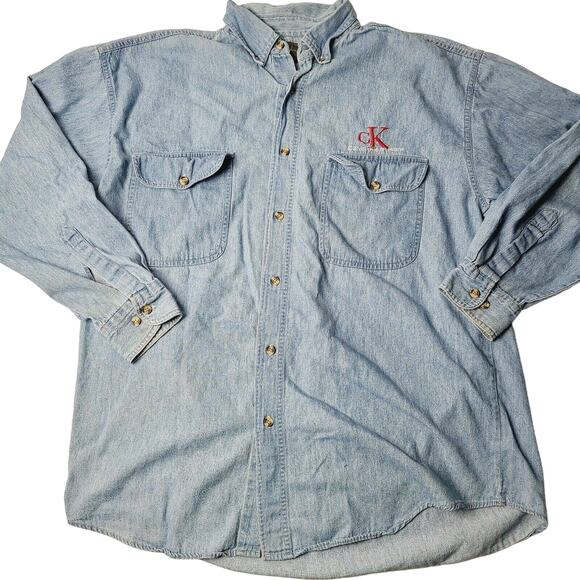 VTG Calvin Klein Men's Size Large Long Sleeve Denim Shirt 90's Logo Spellout - Picture 1 of 11